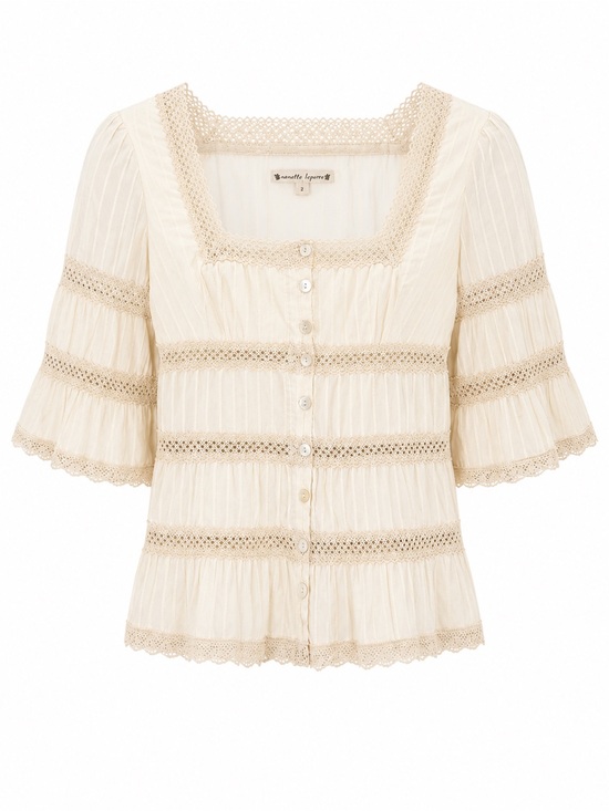 Nanette Lepore Tops - Nanette Lepore Cream Lace Trimmed Button-Front Blouse With Bell Sleeves Size 2